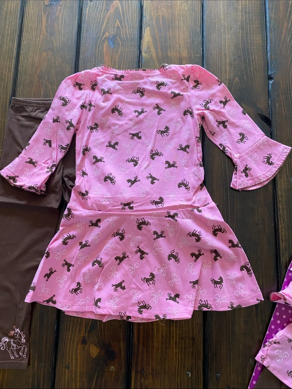 Dollie & Me Pink & Brown Horse-Print Set with Matching Doll Outfit. Size 5